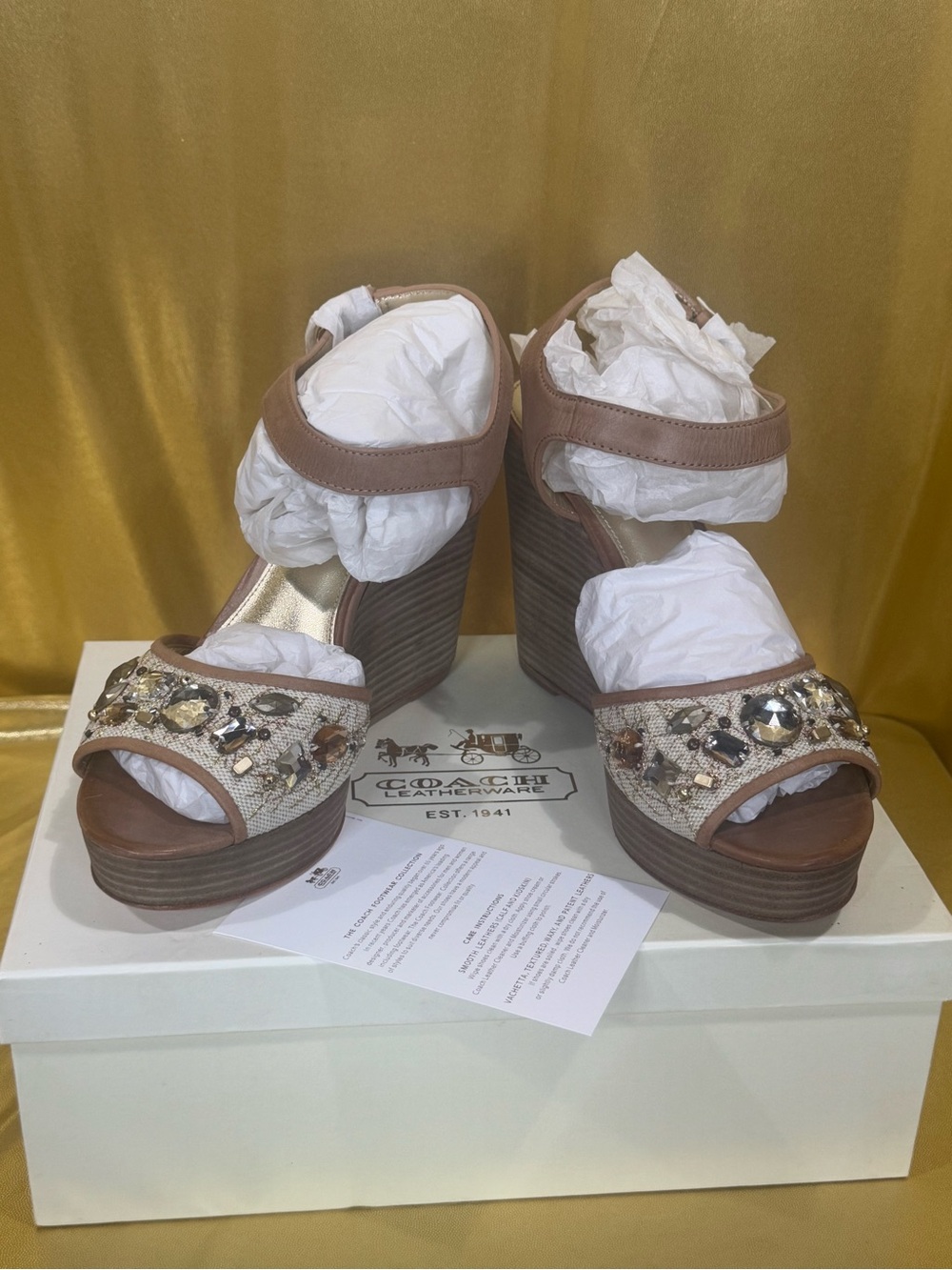 Coach Hanson NIB Jeweled Rhinestone Platform Wedge Sandals Tan Gold Size 10
